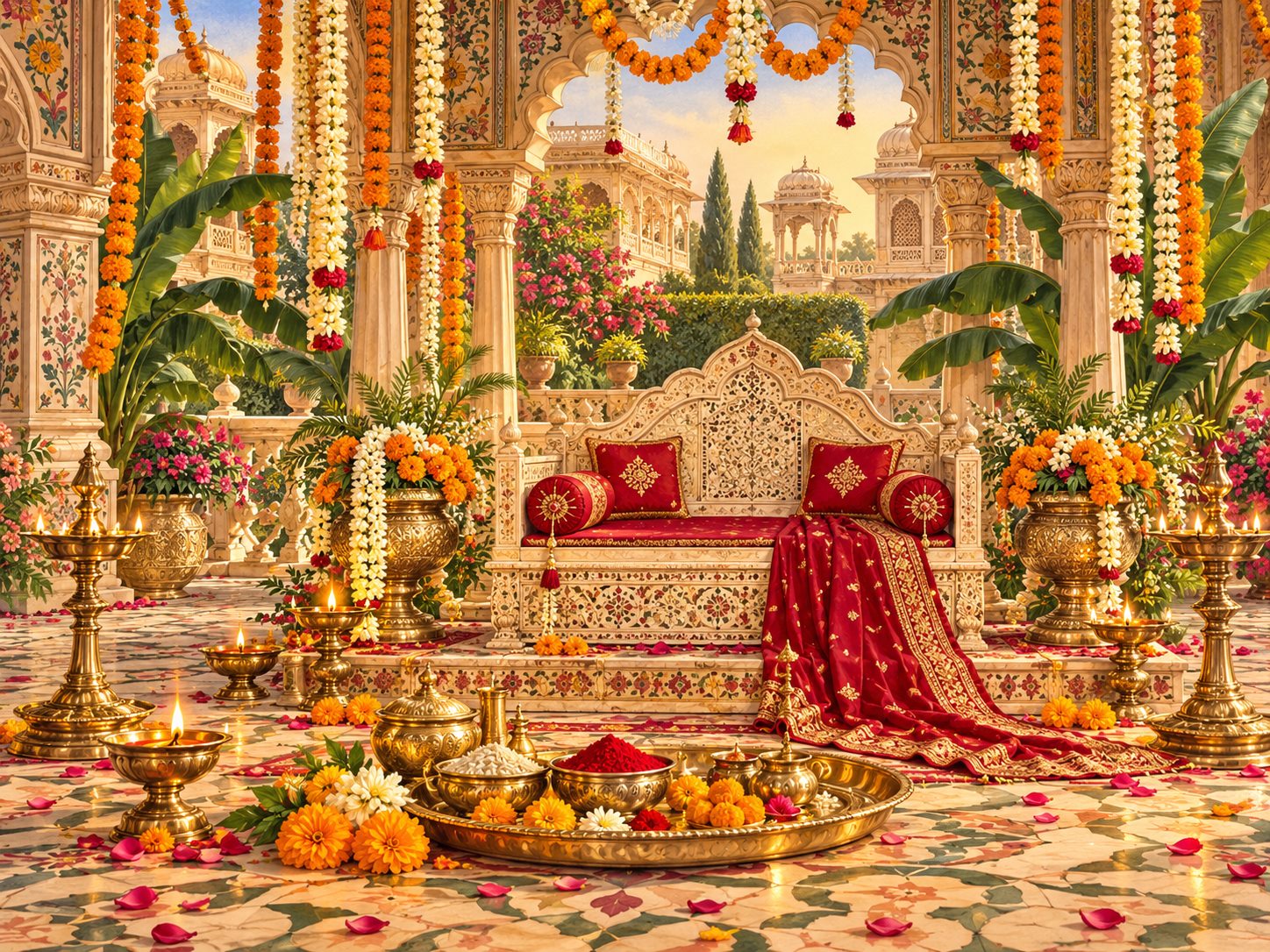 An ornate tilak tray, ceremonial seat, marigolds and brass diyas in a garden pavilion