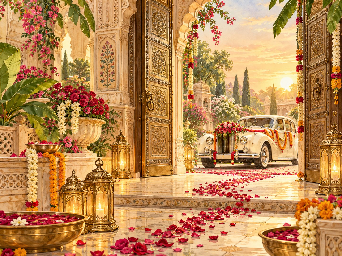 An empty garden gate and a flower-decorated wedding car amid rose petals and glowing lanterns