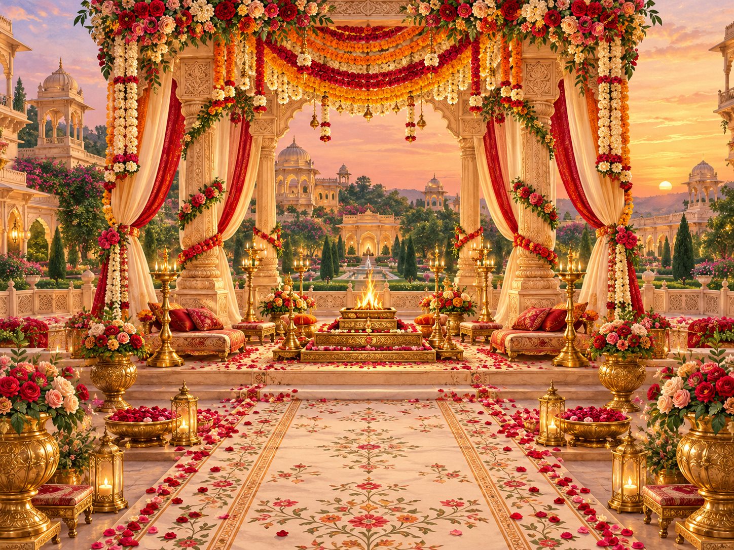A richly decorated empty wedding mandap with a glowing havan kund and marigold garlands